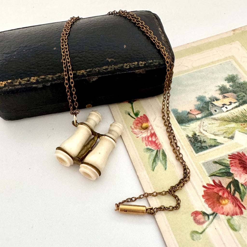 Antique Edwardian stanhope Lourdes binoculars necklace on a chain with a black case and floral illustration in the background.
