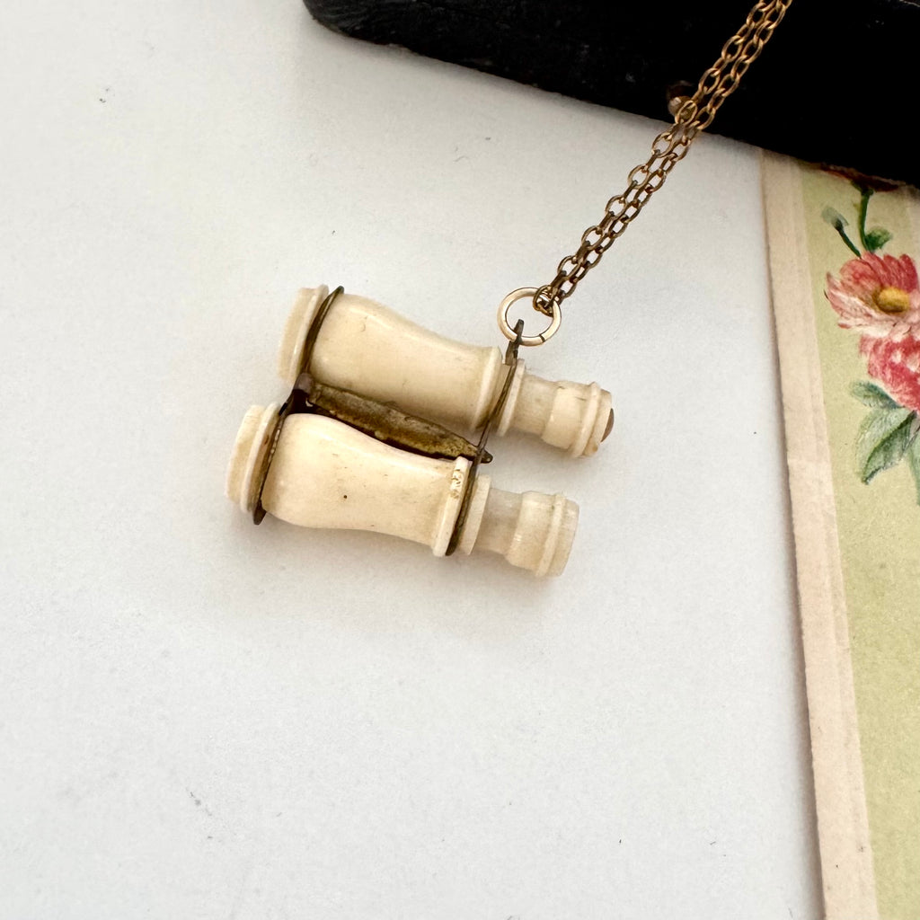 Antique Edwardian stanhope Lourdes binoculars necklace on a chain with a black case and floral illustration in the background.