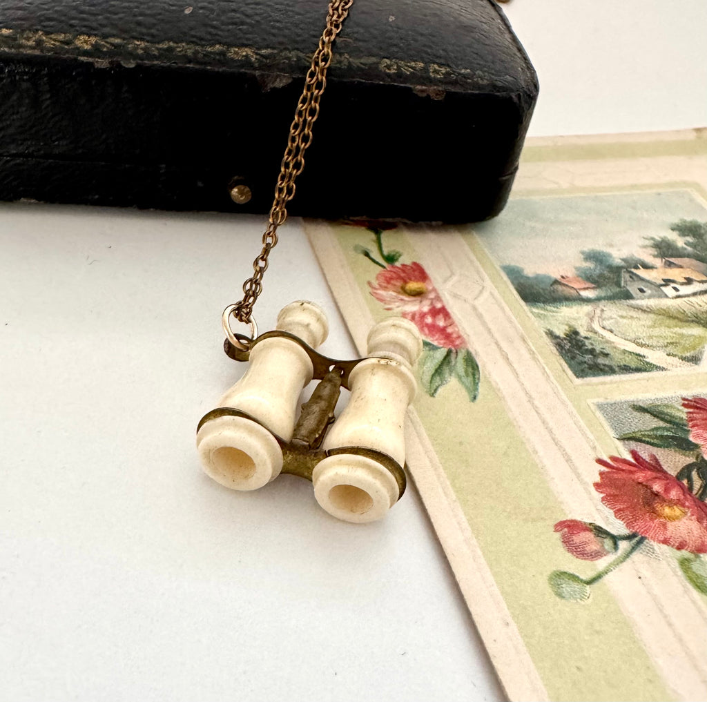 Antique Edwardian stanhope Lourdes binoculars necklace on a chain with a black case and floral illustration in the background.