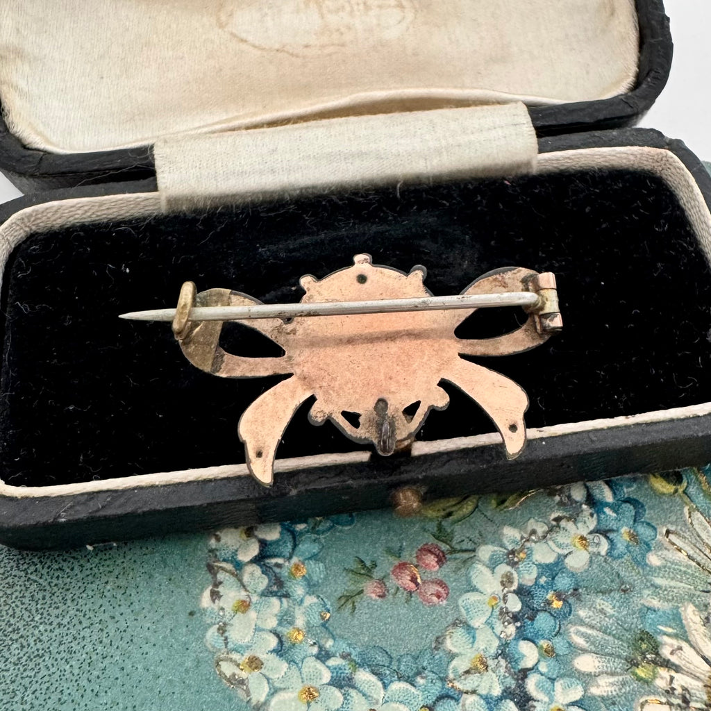 Back of antique Victorian star burst and bow-shaped brooch displayed on a vintage jewellery box and with a floral card in the background.