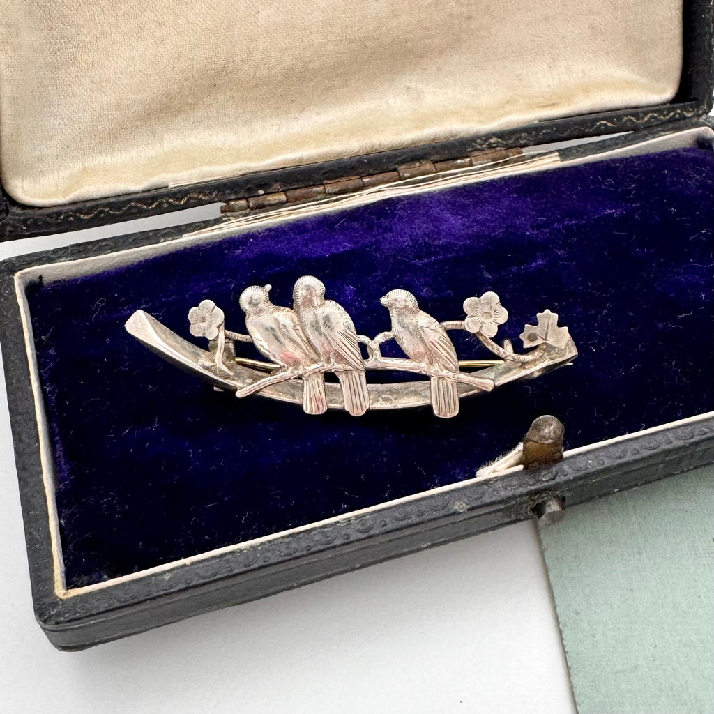 Silver brooch of three birds on a branch in an open jewelry box with purple lining.