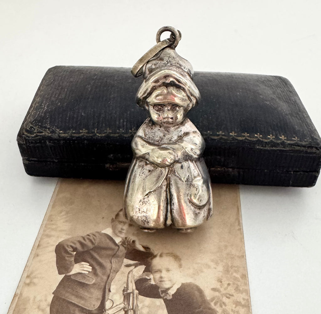 Antique Silver Plated Dutch Girl Rattle Pendant