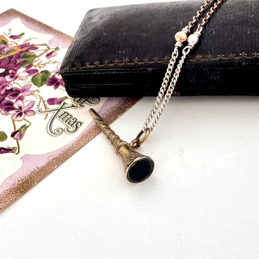 Antique gilt watch key necklace with a old jewellery box and vintage Christmas card