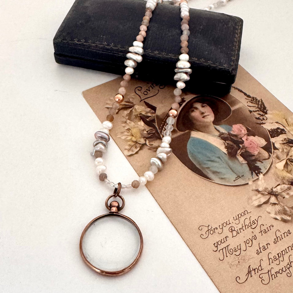 Antique Rolled Rose Gold Double Sided Photo Locket Pearl Necklace