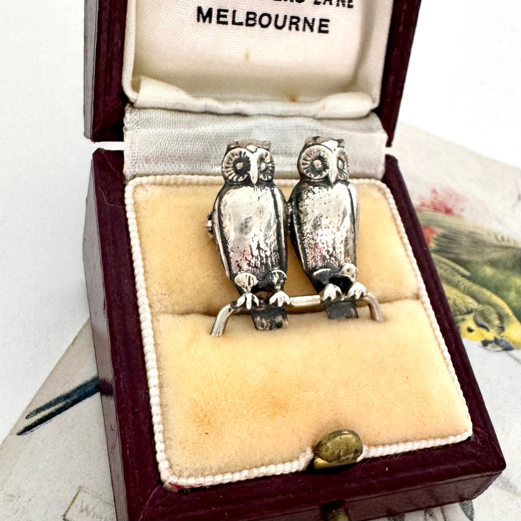 Antique silver owl brooch in a jewelry box with 'Melbourne' text
