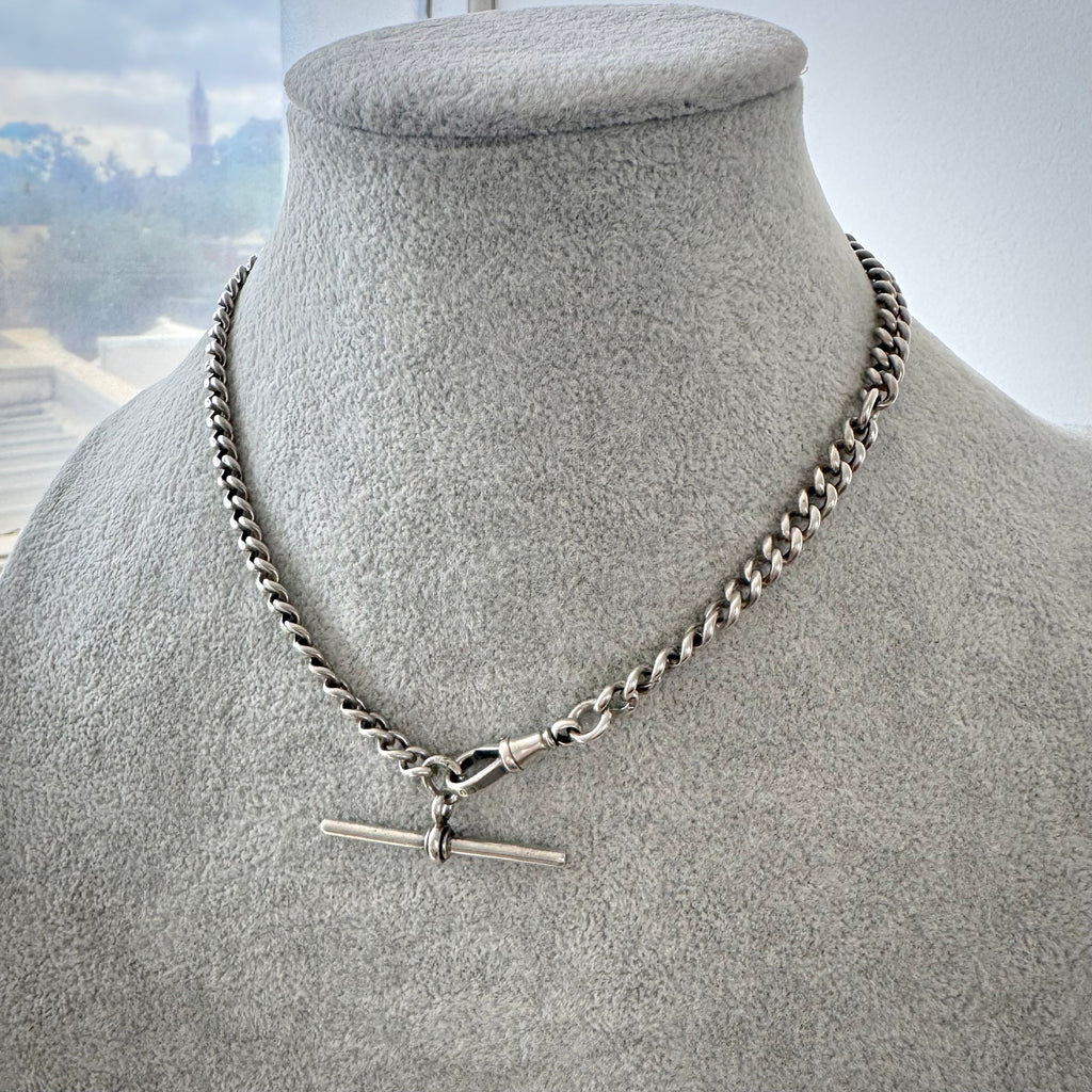 Silver chain necklace on a mannequin bust with a blurred cityscape background