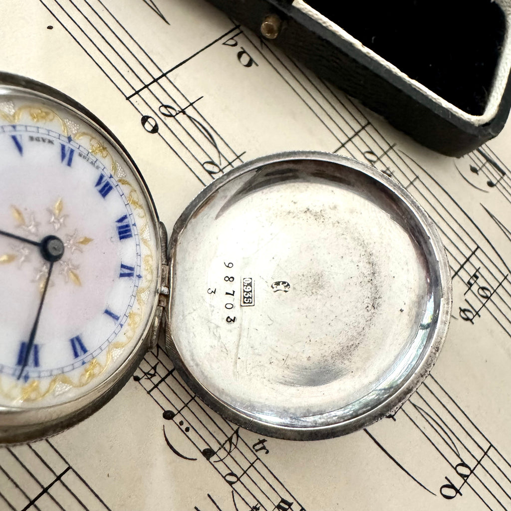 Vonk Jewellery antique Victorian Swiss silver ladies pocket watch on old sheet music