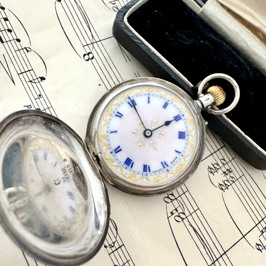 Vonk Jewellery antique Victorian Swiss silver ladies pocket watch on old sheet music