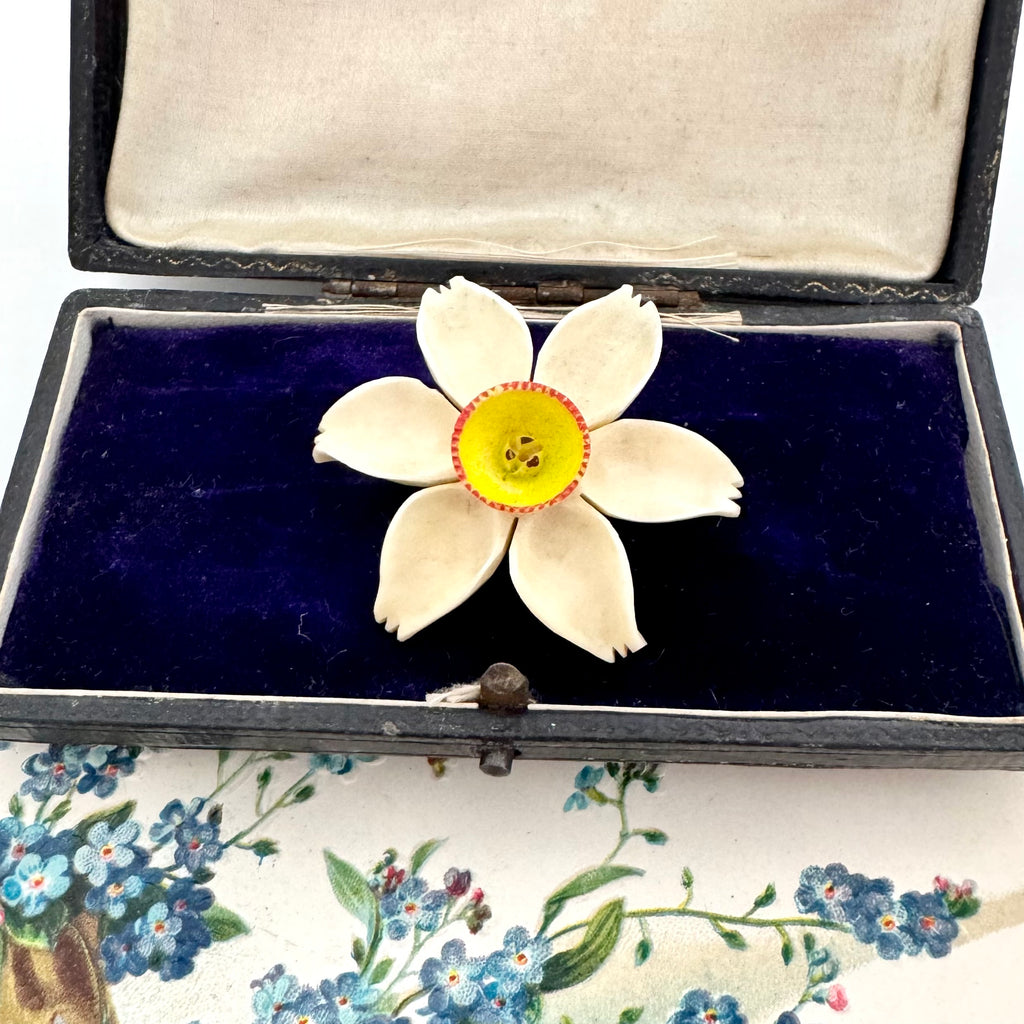 Vintage early celluloid flower brooch on a vintage postcard and box