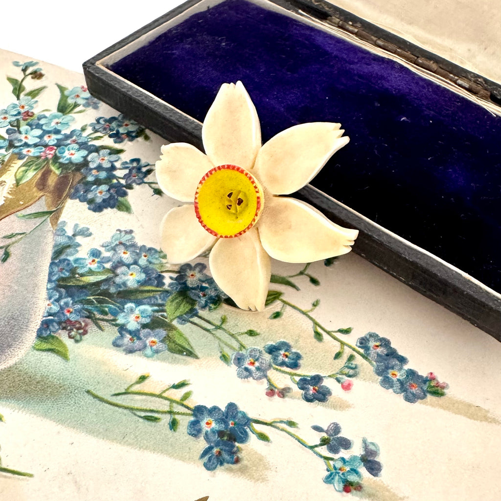 Vintage early celluloid flower brooch on a vintage postcard and box