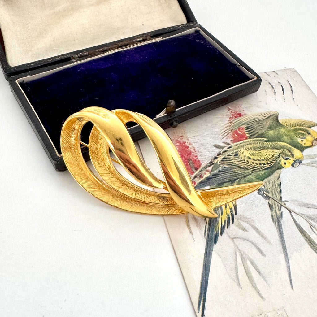 Vintage gold brooch in a box with a parrot illustration on a white background