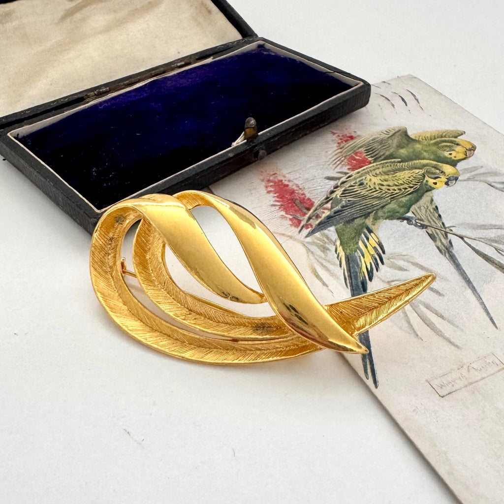 Gold brooch on a white surface with a decorative box and parrot illustration in the background