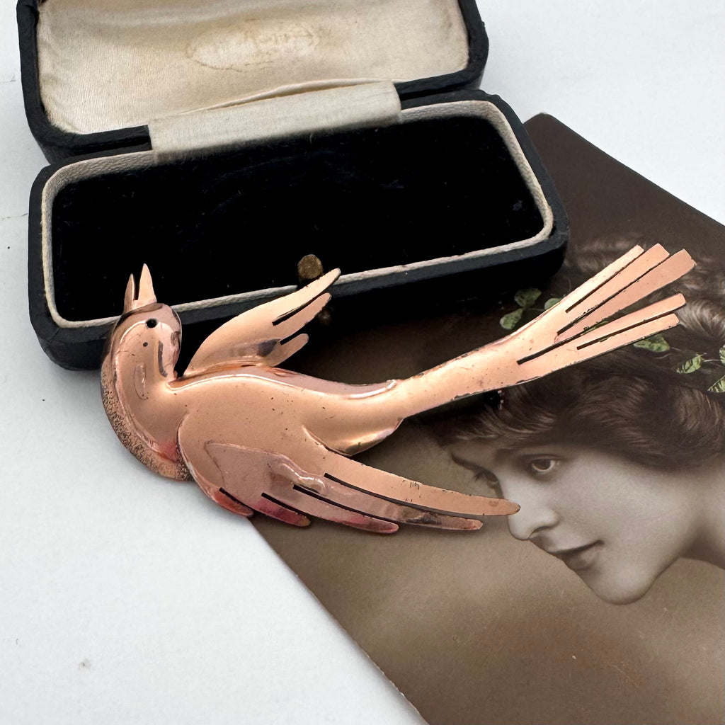 A vintage copper bird-shaped brooch displayed next to its black velvet presentation box, with an antique portrait photo partially visible underneath.