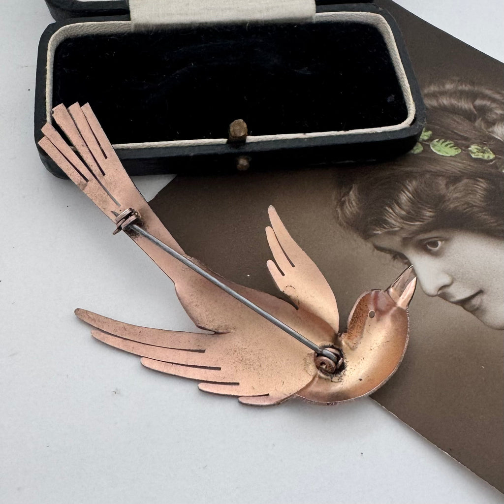 Back of vintage bird brooch on a vintage postcard and with a jewelelry box in the backgroud