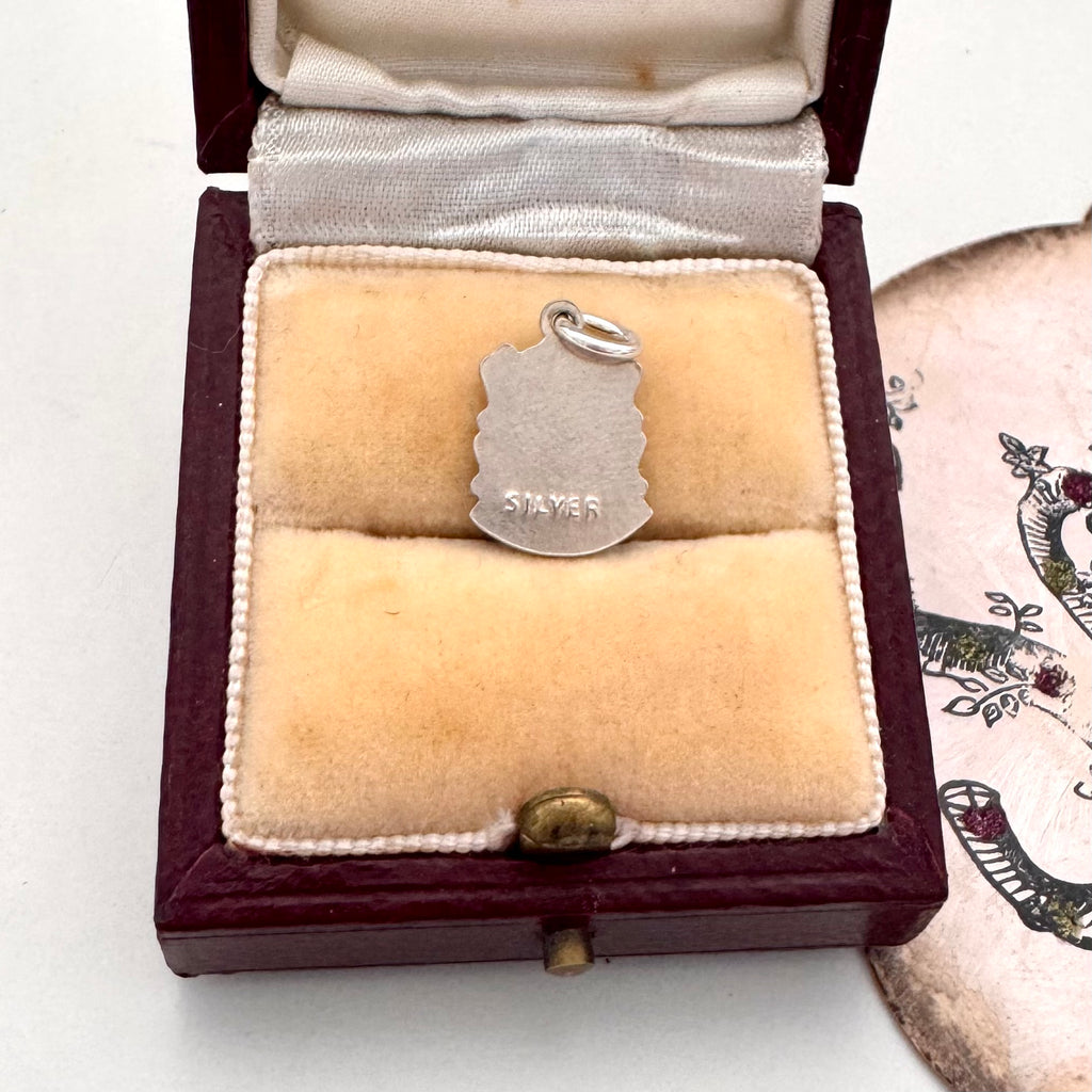 Silver pendant with 'SILVER' engraving in an open jewelry box on a white background.