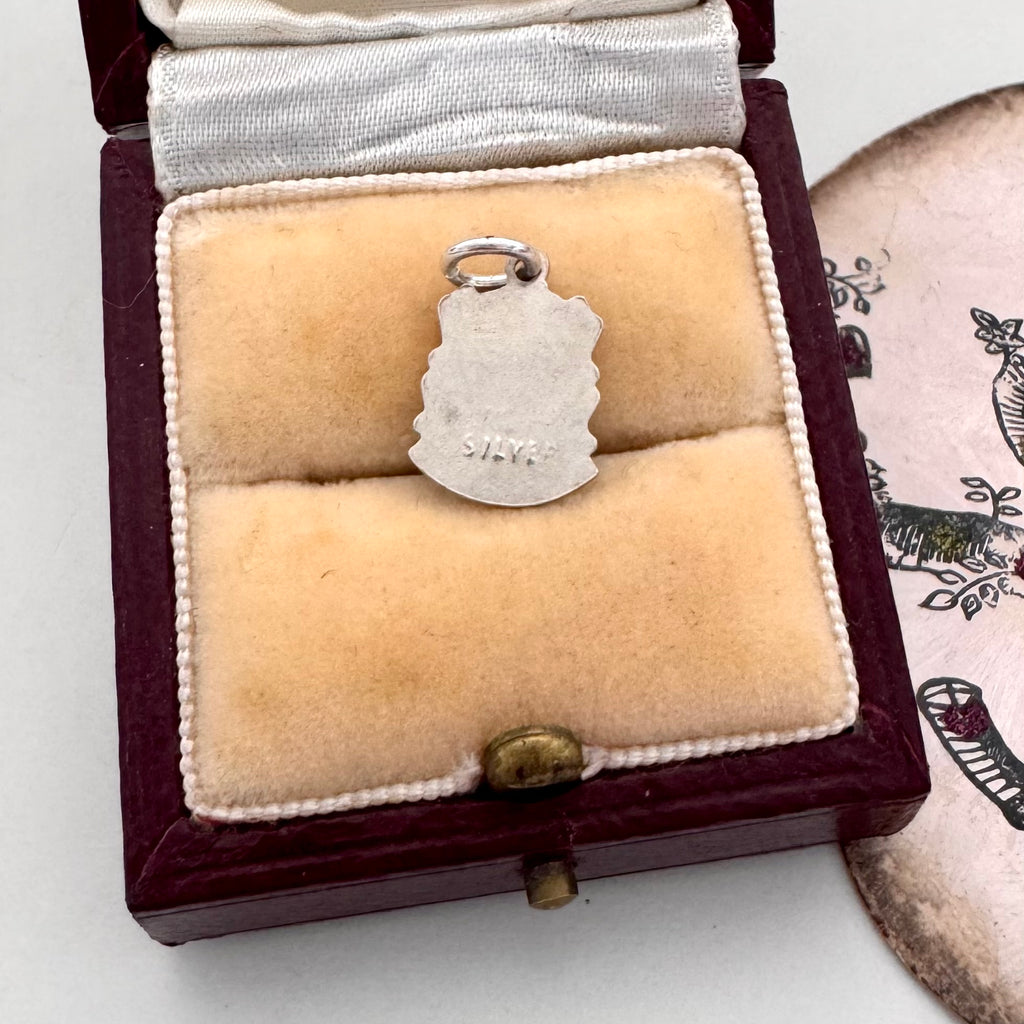 Vintage silver Morecambe travel charm in a jewellery box