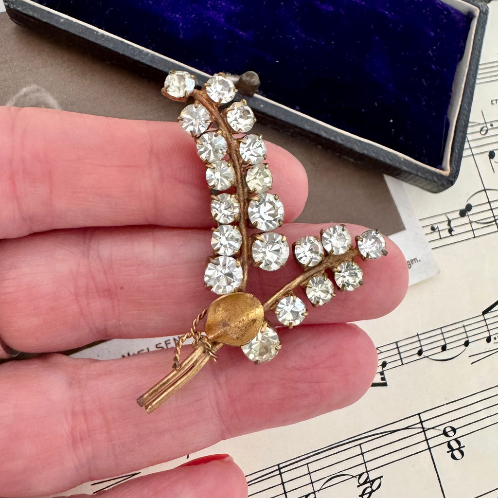 Vonk Jewellery antique art nouveau rhinestone spray brooch on a vintage postcard and with a vintage jewellery box and in a woman's hand