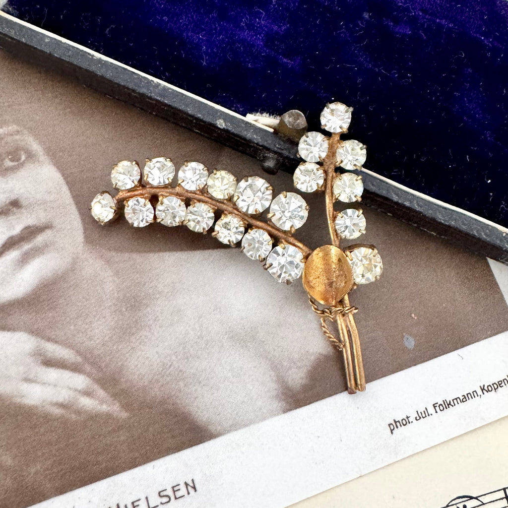 Vonk Jewellery antique art nouveau rhinestone spray brooch on a vintage postcard and with a vintage jewellery box