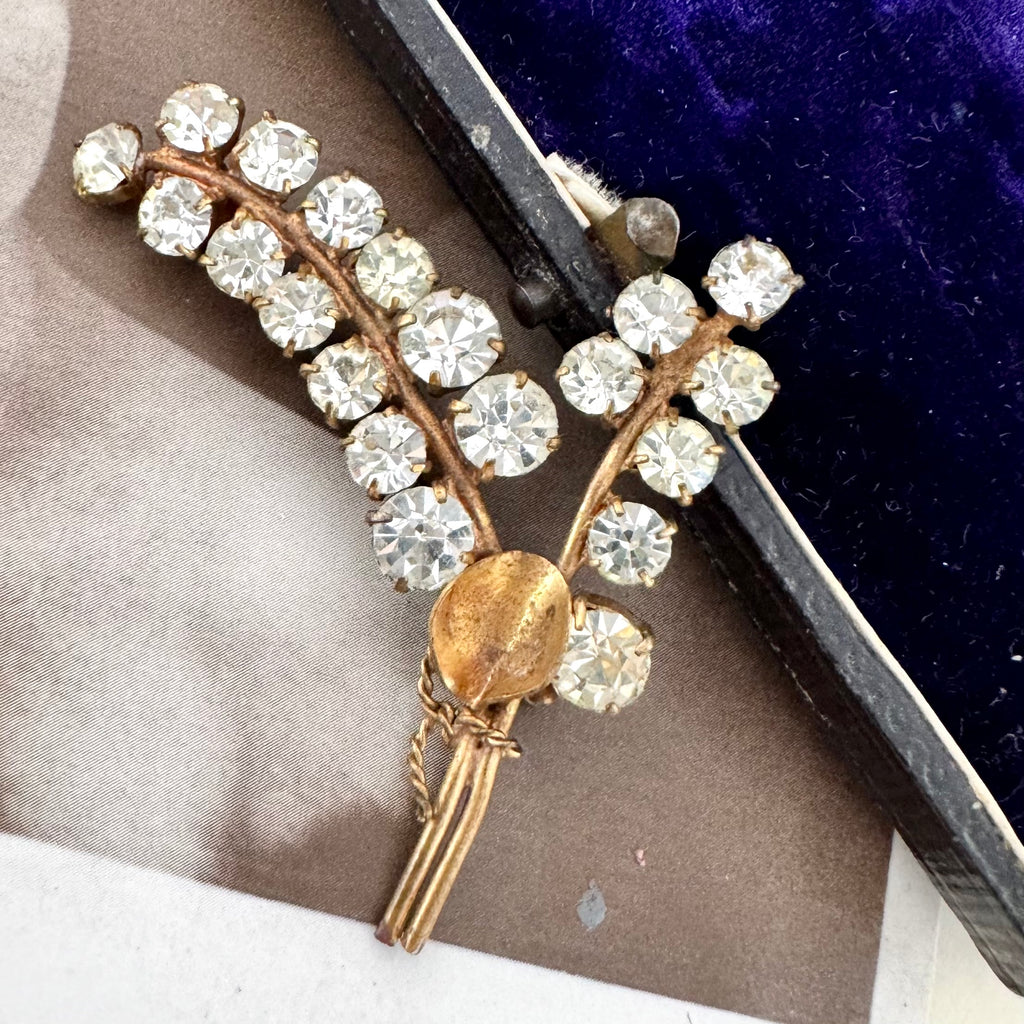 Vonk Jewellery antique art nouveau rhinestone spray brooch on a vintage postcard and with a vintage jewellery box