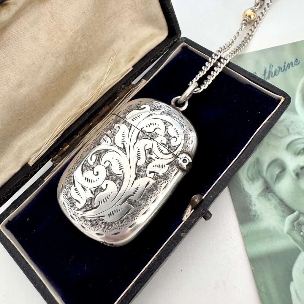 Vonk Jewellery antique vesta case necklace with a vintage postcard and jewellery box
