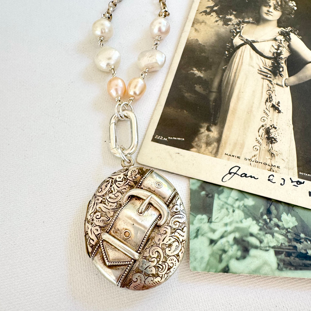 Vonk Jewellery c1880s Victorian buckle locket on pearl and silver chain and with a vintage postcard