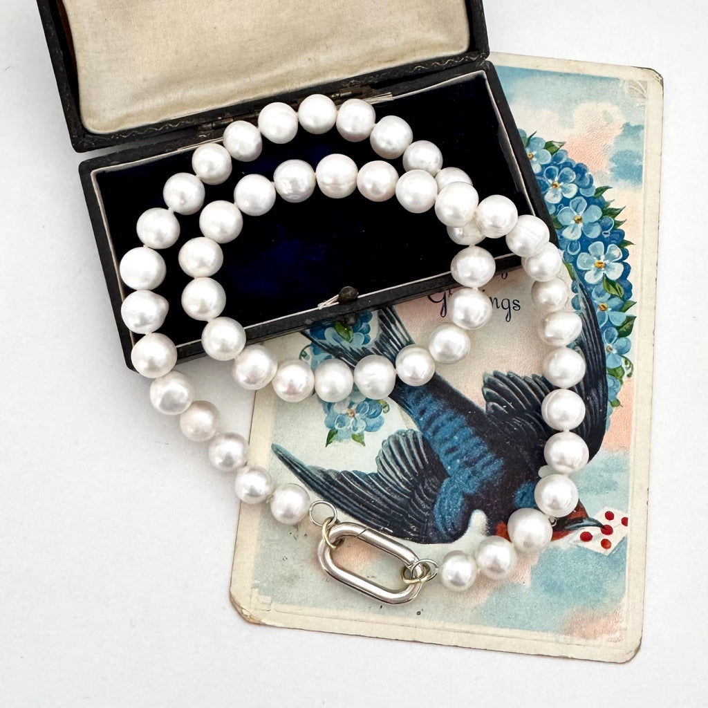 Pearl necklace draped over an open vintage book with a blue bird illustration on a white background