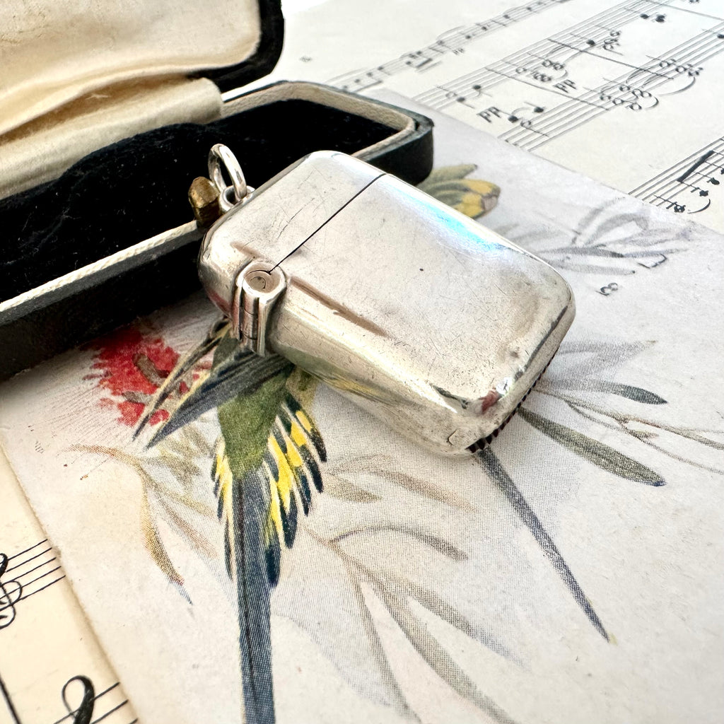 Vonk Jewellery antique 1889 silver vesta case on a vintage postcard of birds and a vintage jewellery box