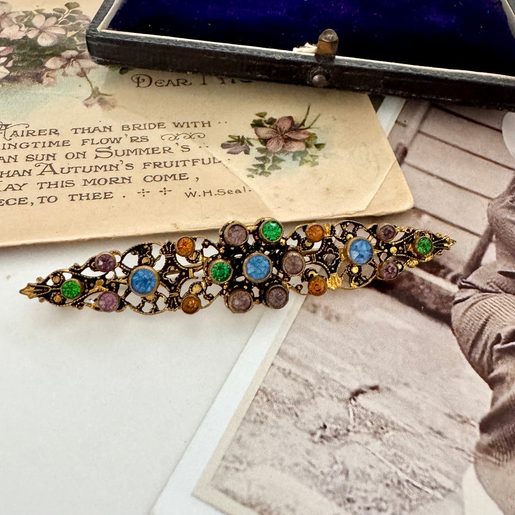 Vonk jewellery antique Czech crystal brooch on vintage postcards and with a vintage jewellery box
