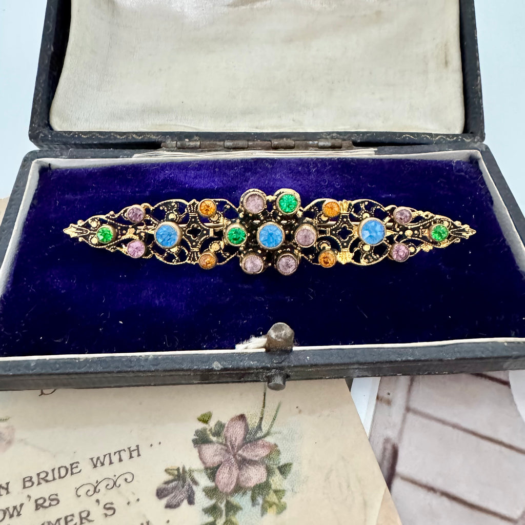 Vonk jewellery antique Czech crystal brooch on vintage postcards and with a vintage jewellery box
