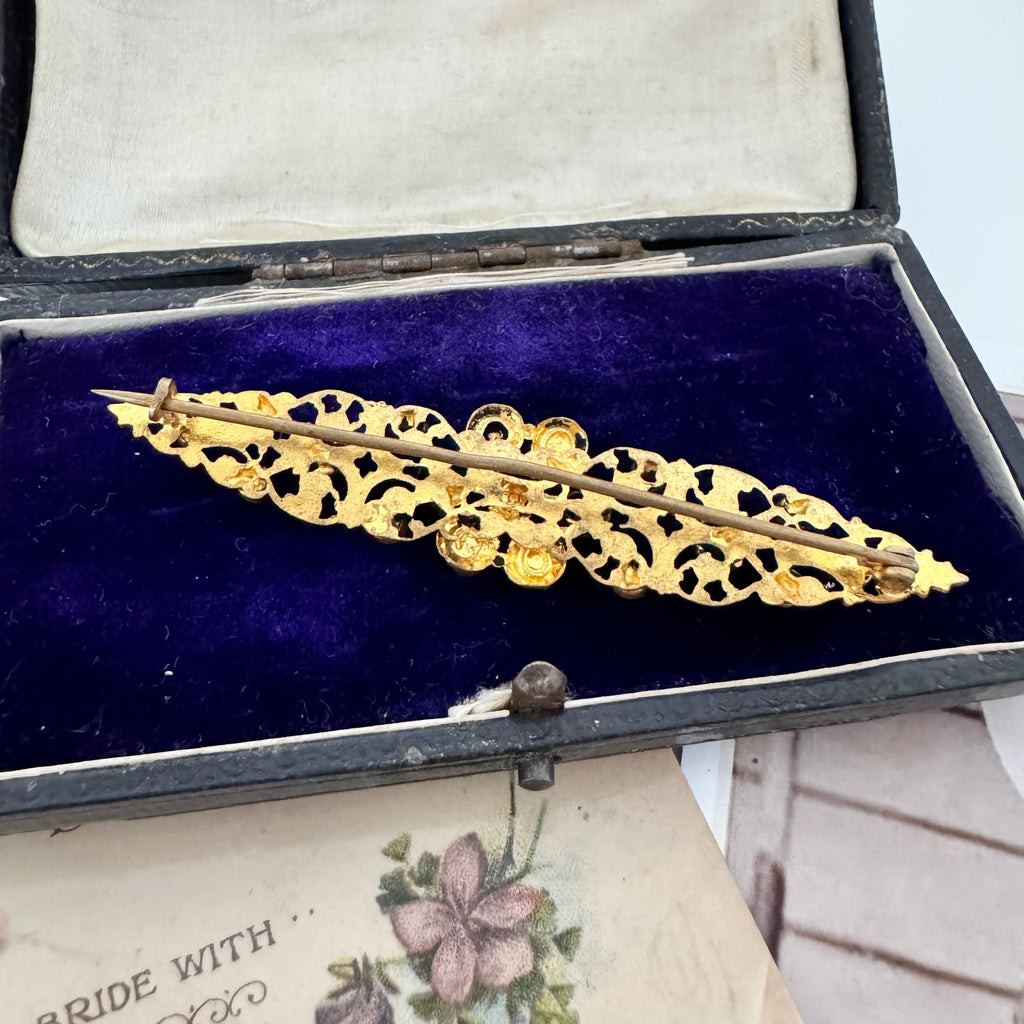 Vonk jewellery antique Czech crystal brooch on vintage postcards and with a vintage jewellery box