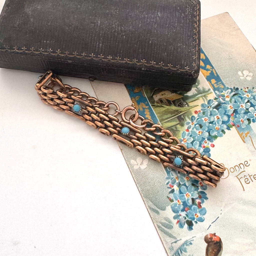 Vonk Jewellery antique rolled gold and turquoise bracelet on a vintage postcard and old jewellery box