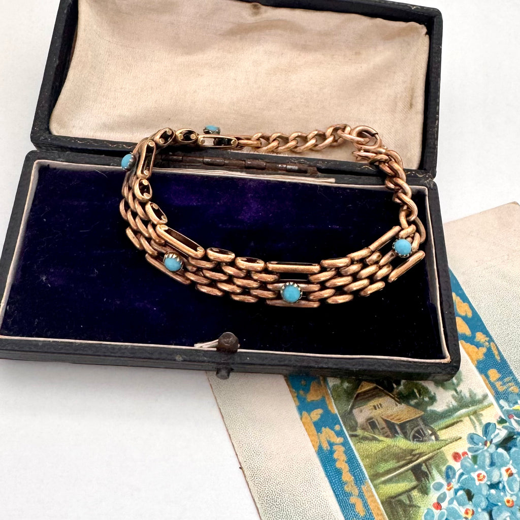 Vonk Jewellery antique rolled gold and turquoise bracelet on a vintage postcard and old jewellery box