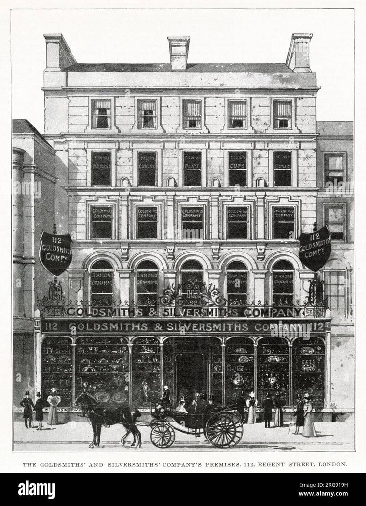 Vintage black and white illustration of a building with signage, including 'Goldsmiths & Silversmiths Company'.
