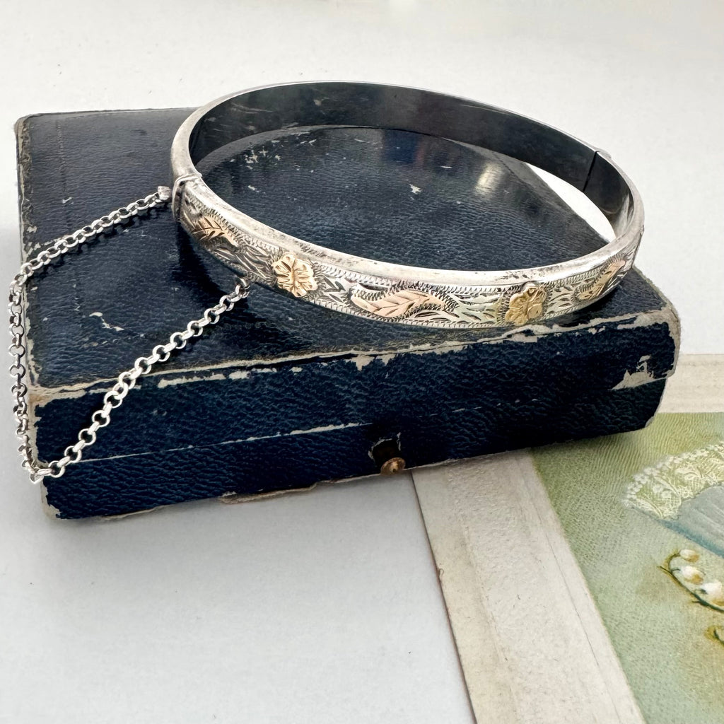 SOLD Vintage Silver Rose Gold Relief Hinged Bangle