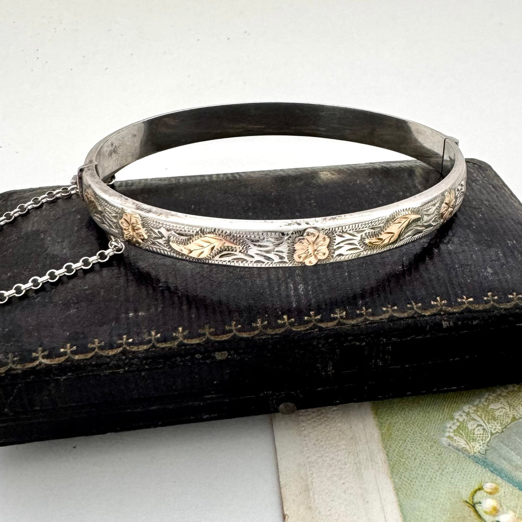 SOLD Vintage Silver Rose Gold Relief Hinged Bangle