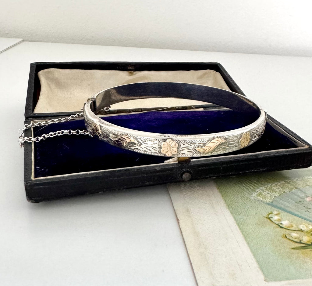SOLD Vintage Silver Rose Gold Relief Hinged Bangle