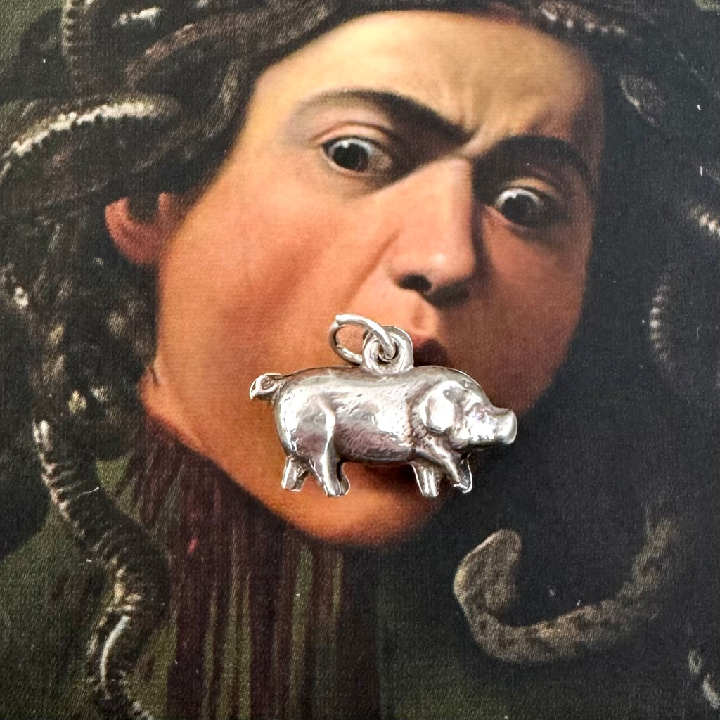 Close-up of a person with a silver pig charm in their mouth, inspired by classical art.
