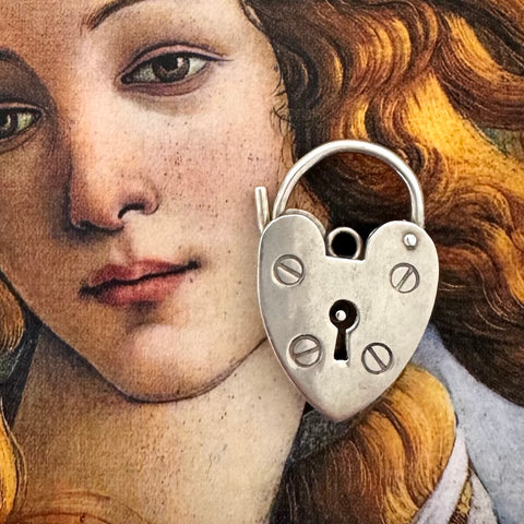 1981 sterling silver Birmingham hallmarked heart padlock clasp or charm on a image of Botticelli's Birth of Venus