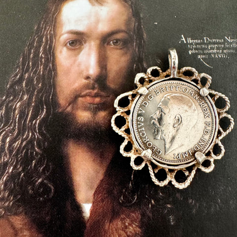 Vonk Jewellery British 1919 silver threepence coin pendant or charm on a picture of an old masters painting 