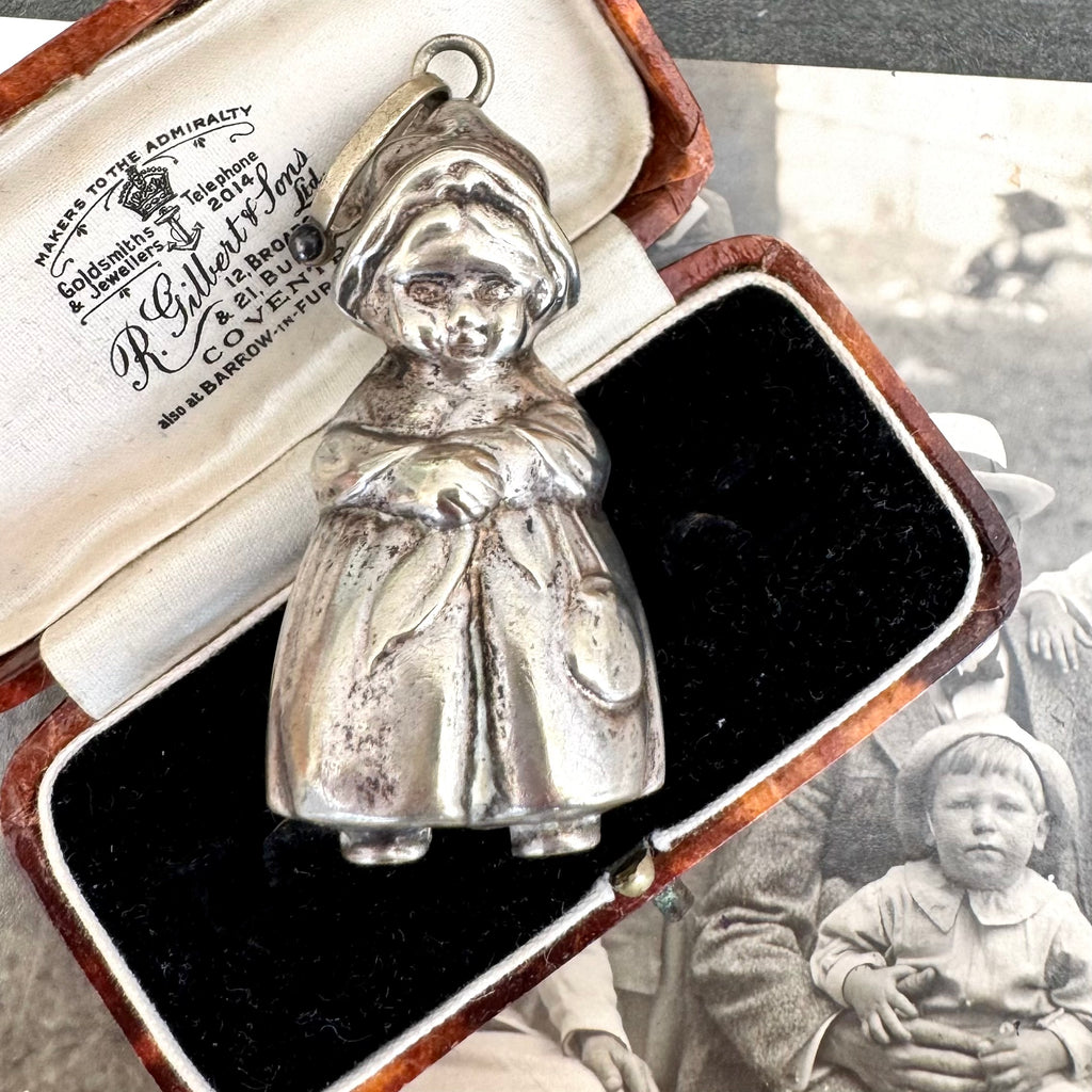 Antique Silver Plated Dutch Girl Rattle Pendant
