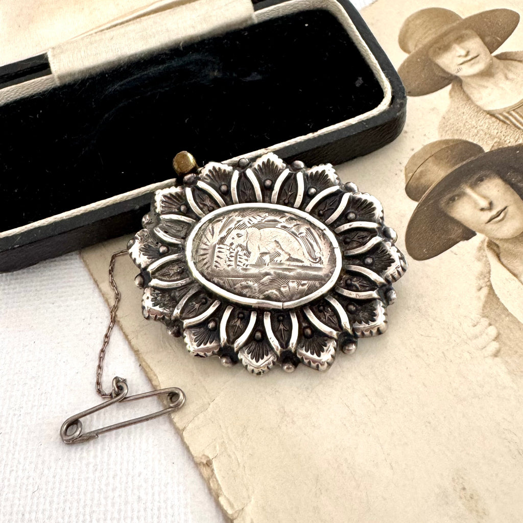 Rare Victorian Aesthetic Era hallmarked 1883 sterling silver brooch with otter or beaver engraving on an old photo and with an old jewellery box.