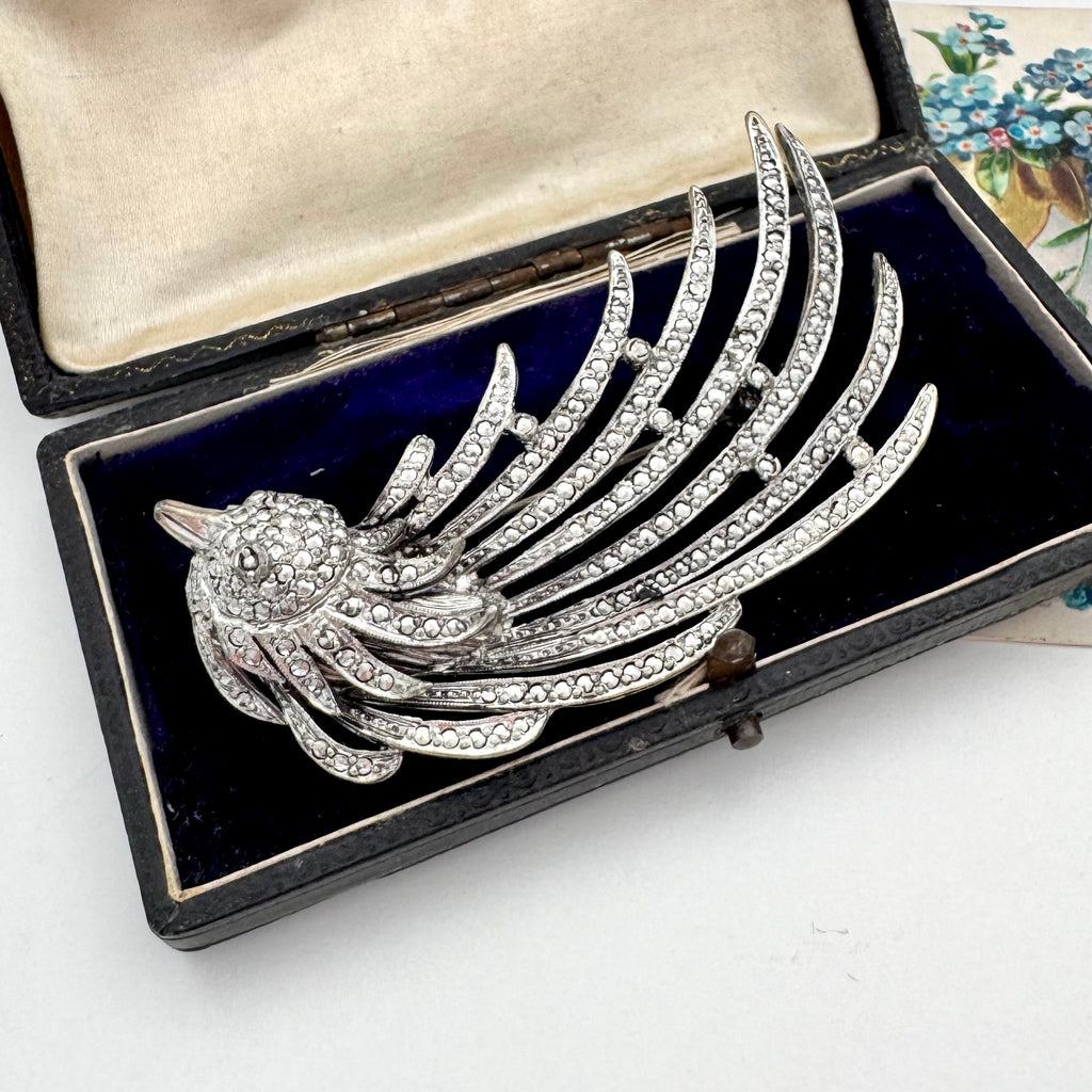 Decorative brooch with a bird design on a black background in an open jewelry box.