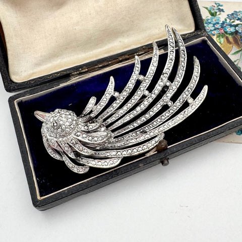 Decorative brooch with a bird design on a black background in an open jewelry box.