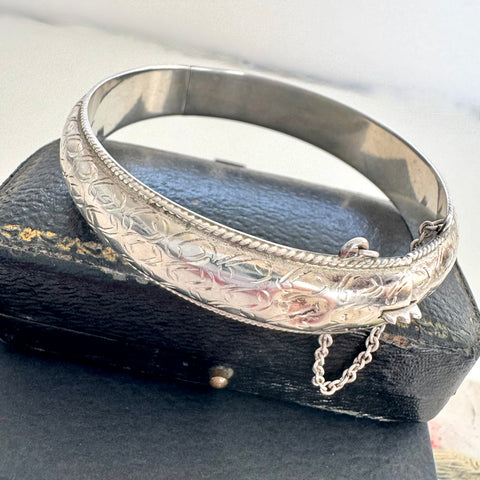 Vonk Jewellery sterling silver engraved vintage bangle on a black box