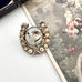 Antique Victorian Essex crystal terrier brooch with paste horseshoe surround on an old jewellery box