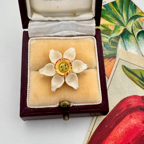 Vintage daffodil brooch in a vintage box with a decorative background
