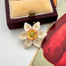 Vintage daffodil brooch with a yellow center and red accents on a white background