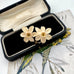 Vintage double daffodil flower brooch displayed inside an open vintage black velvet jewelry box with a beige lining, set against a background featuring a parrot illustration.