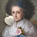 Vintage enamel guilloche heart and St Christopher charm on an old masters portrait of a woman