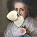 Vintage enamel guilloche heart and St Christopher charm on an old masters portrait of a woman